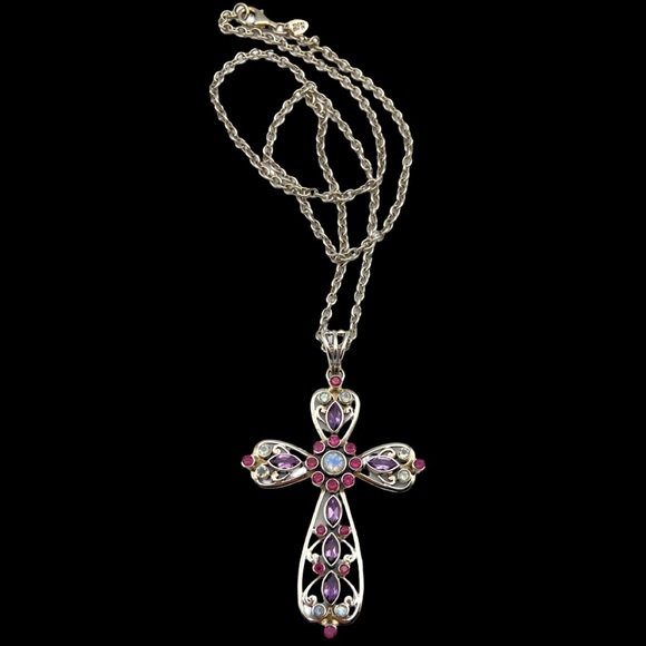 ✝️NICKY BUTLER 925 Sterling Silver Rainbow Moonstone Amethyst Cross Necklace NEW - Picture 5 of 10